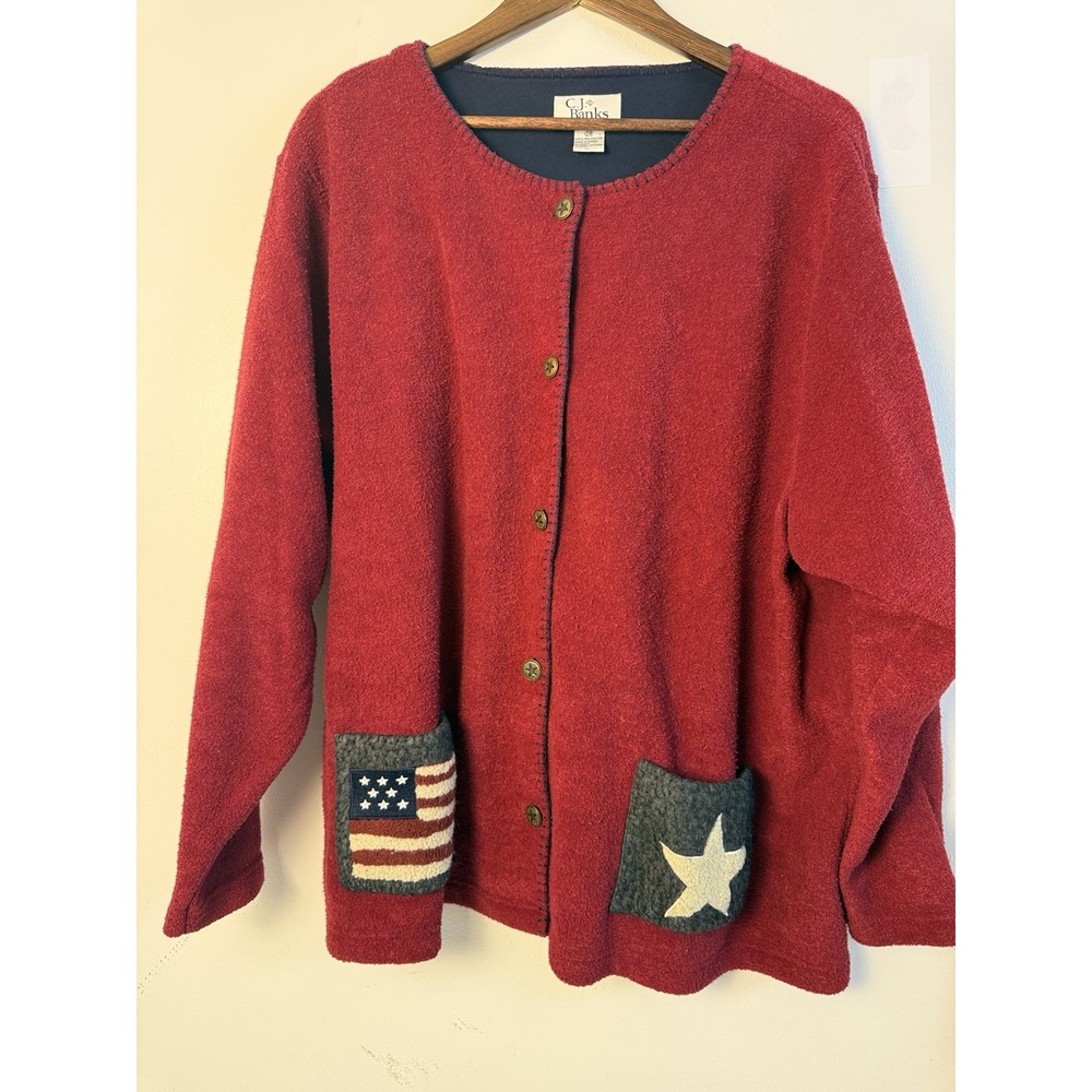 Vintage 2001 CJ Banks Cardigan 2X Americana USA Flag Star Patriotic Red